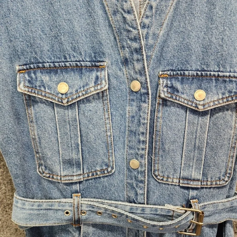 Blank NYC Denim Jumpsuit SMALL Relaxed Fit Belted Cropped Raw Straight Leg‎